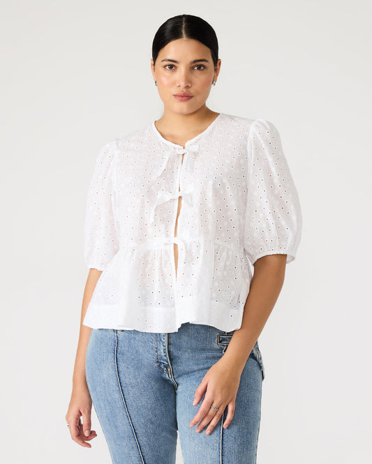 PAULA Top White Short-Sleeved Tie-Front Eyelet Top | Steve Madden Trending