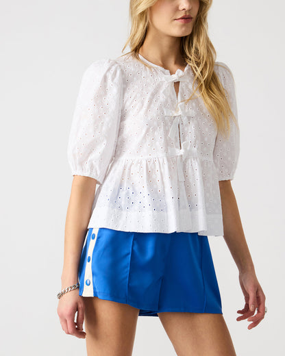 PAULA Top White Short-Sleeved Tie-Front Eyelet Top | Steve Madden Trending
