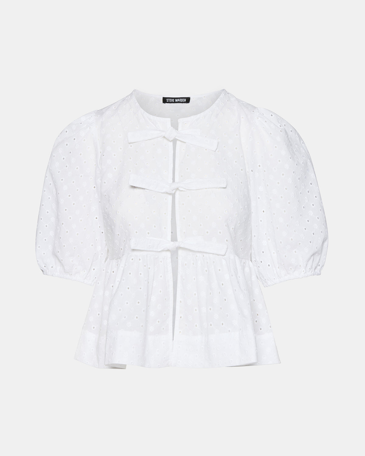 PAULA Top White Short-Sleeved Tie-Front Eyelet Top | Steve Madden Trending