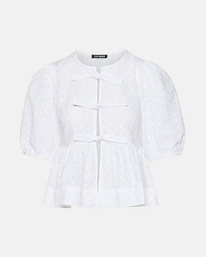 PAULA Top White Short-Sleeved Tie-Front Eyelet Top | Steve Madden Trending