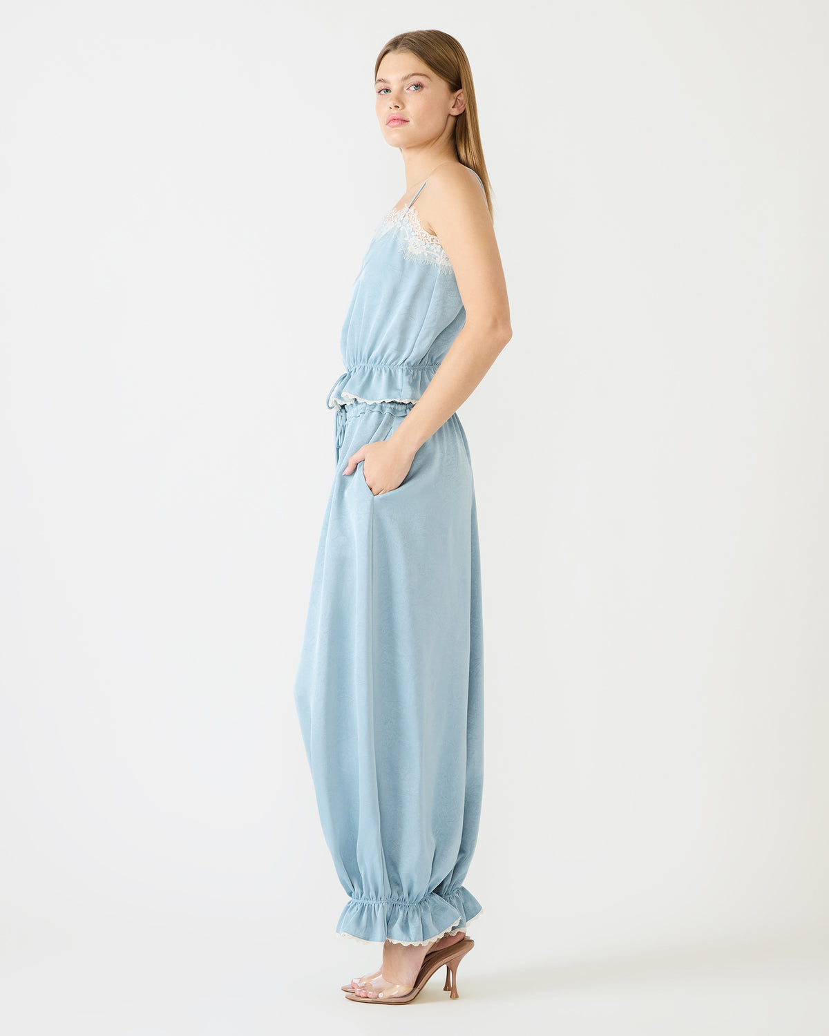 ROAN Dusty Blue Tie-Front Parachute Women's Pants | Steve Madden Smart Buy