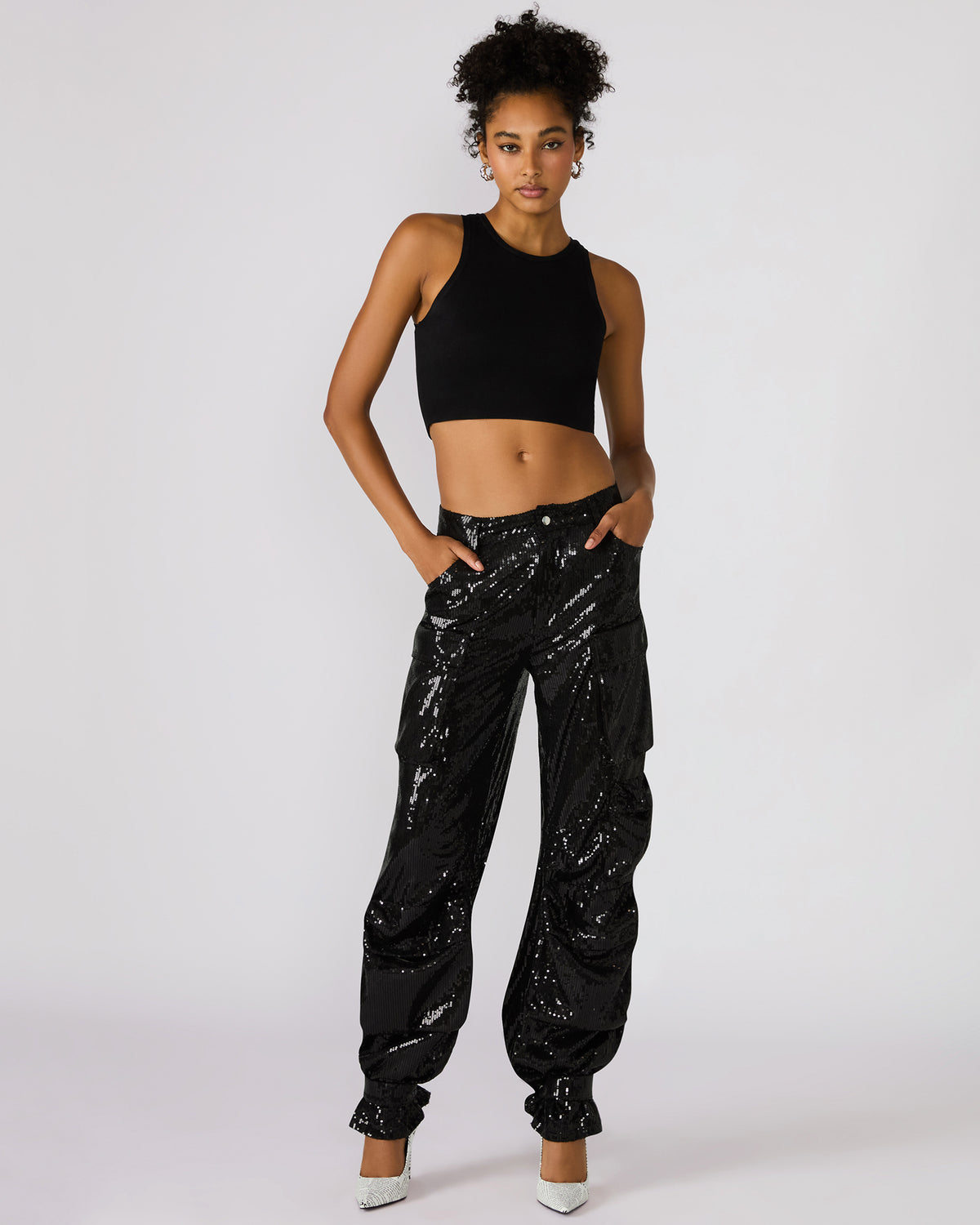 DUO Black Sequin Women's Utility Cargo Pants | Steve Madden Deals
