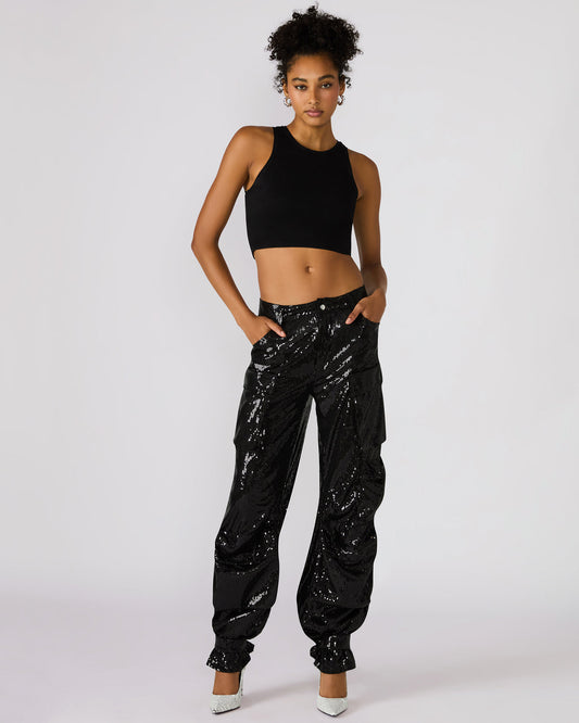 DUO Black Sequin Women's Utility Cargo Pants | Steve Madden Deals