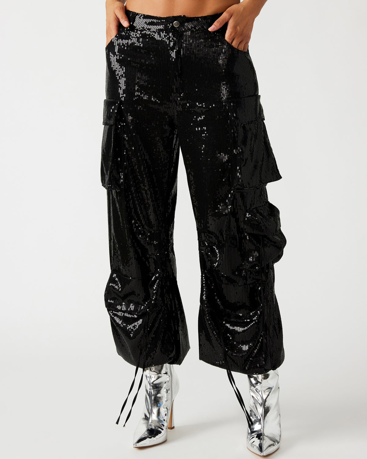 DUO Black Sequin Women's Utility Cargo Pants | Steve Madden Deals