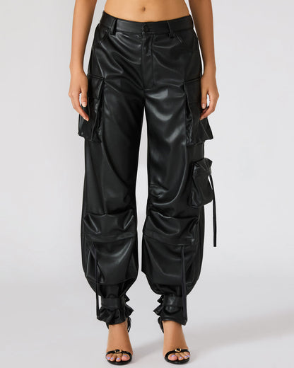 Vegan Leather Duo Black Women's Utility Cargo Pants | Steve Madden Smart Buy