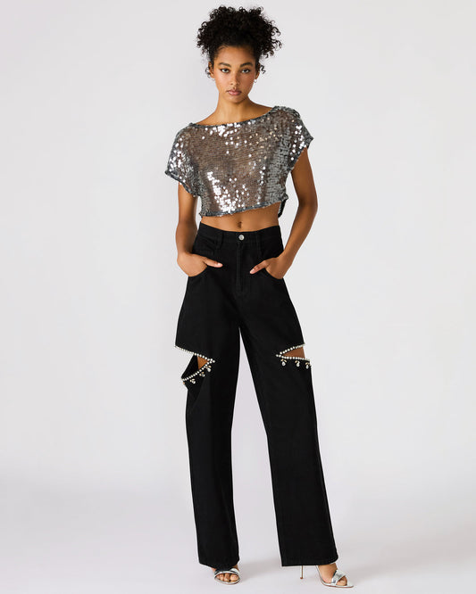 AYLA Black Straight-Leg Rhinestone Embellished Slit Women's Jean | Steve Madden Trusted