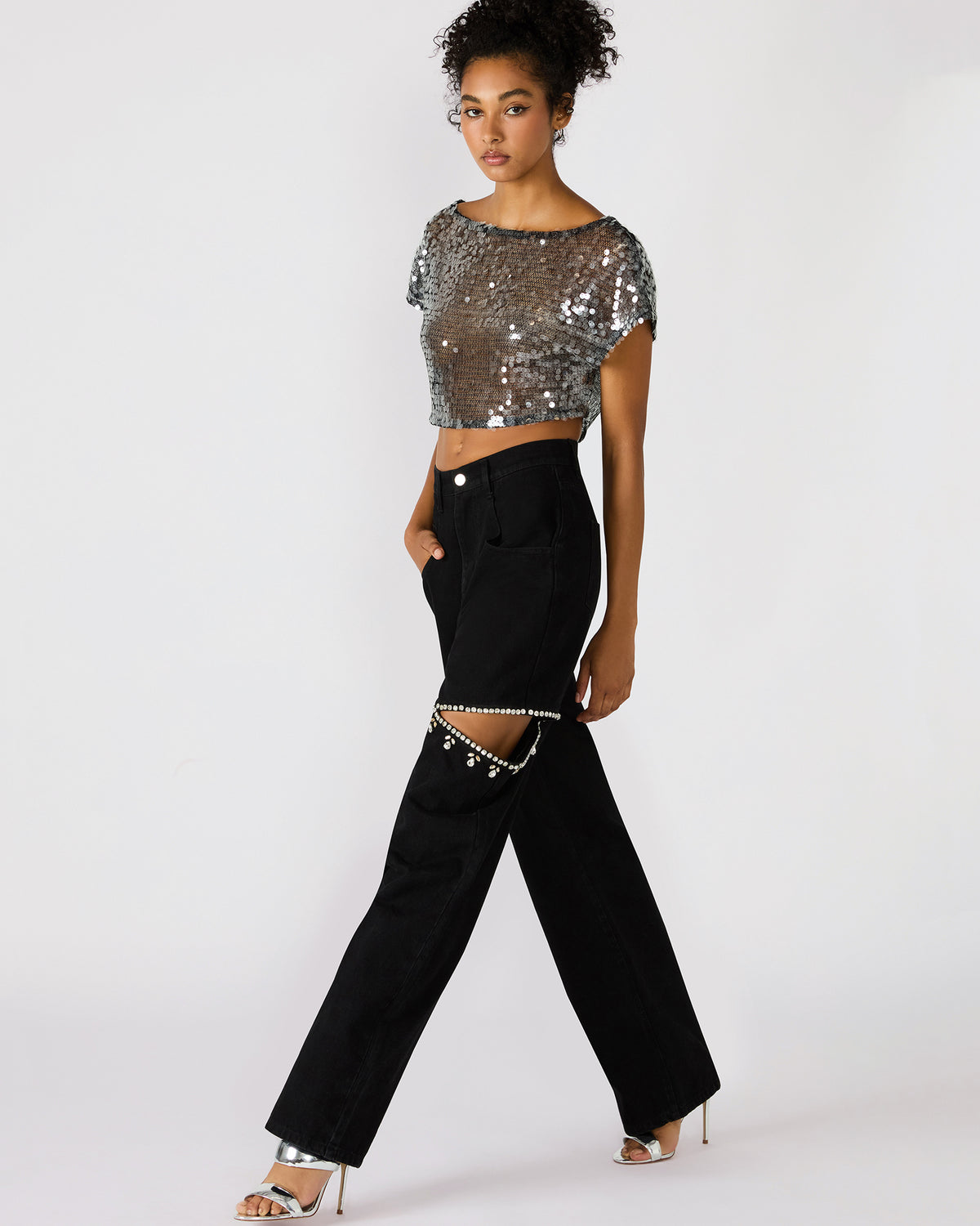 AYLA Black Straight-Leg Rhinestone Embellished Slit Women's Jean | Steve Madden Trusted
