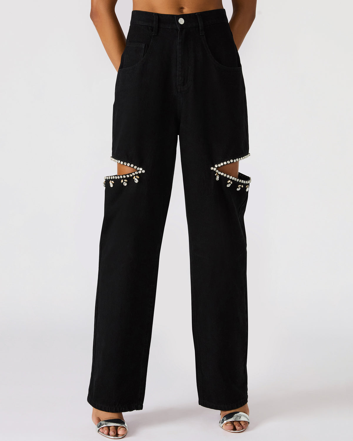 AYLA Black Straight-Leg Rhinestone Embellished Slit Women's Jean | Steve Madden Trusted