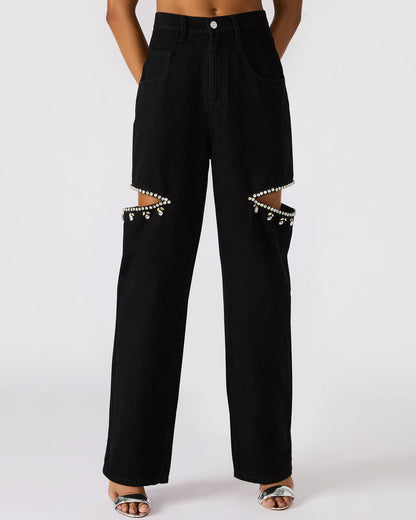 AYLA Black Straight-Leg Rhinestone Embellished Slit Women's Jean | Steve Madden Trusted