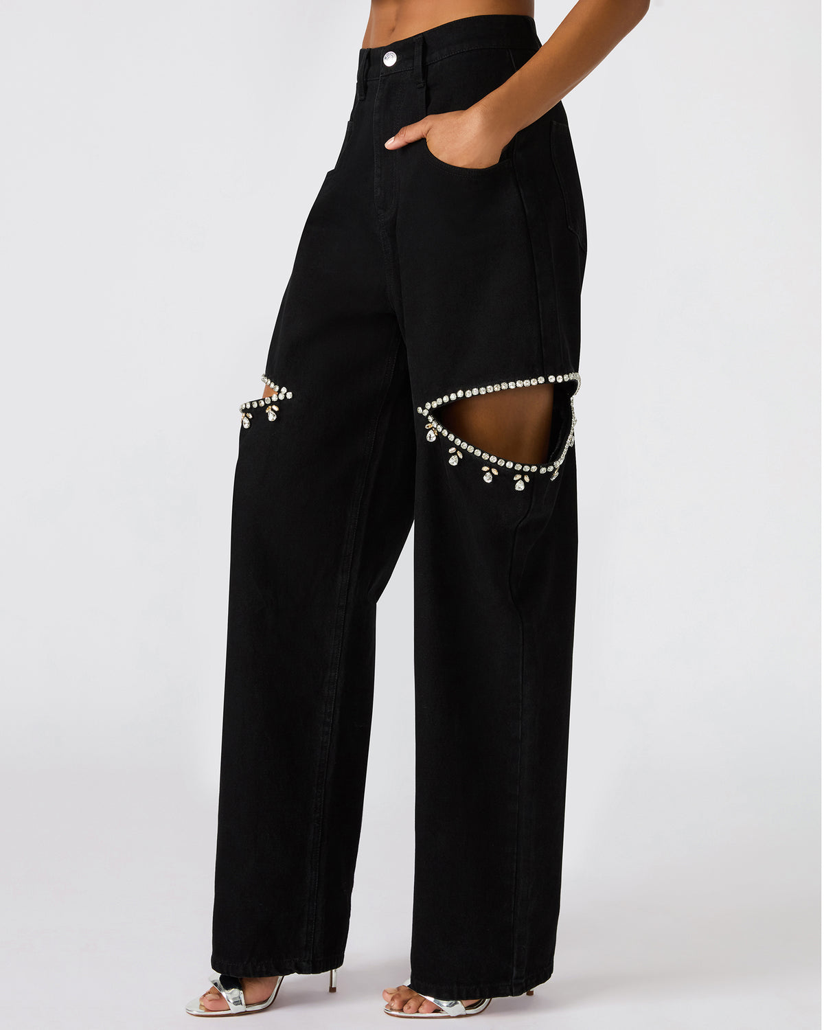 AYLA Black Straight-Leg Rhinestone Embellished Slit Women's Jean | Steve Madden Trusted