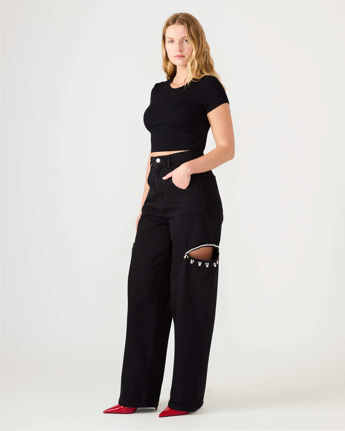 AYLA Black Straight-Leg Rhinestone Embellished Slit Women's Jean | Steve Madden Trusted