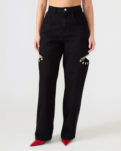 AYLA Black Straight-Leg Rhinestone Embellished Slit Women's Jean | Steve Madden Trusted