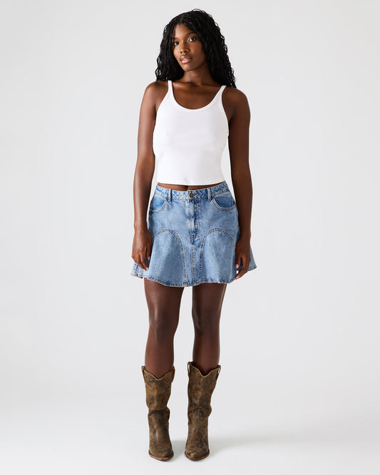 MELANY Forever Blue Denim Pleated Mini Women's Skirt | Steve Madden Everyday