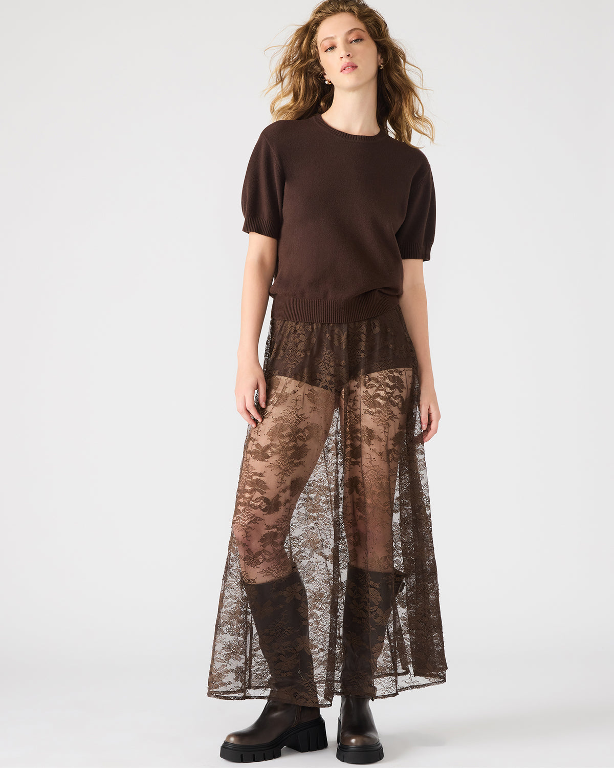 GISELA Dark Espresso Lace Mesh Maxi Women's Skirt | Steve Madden Premium