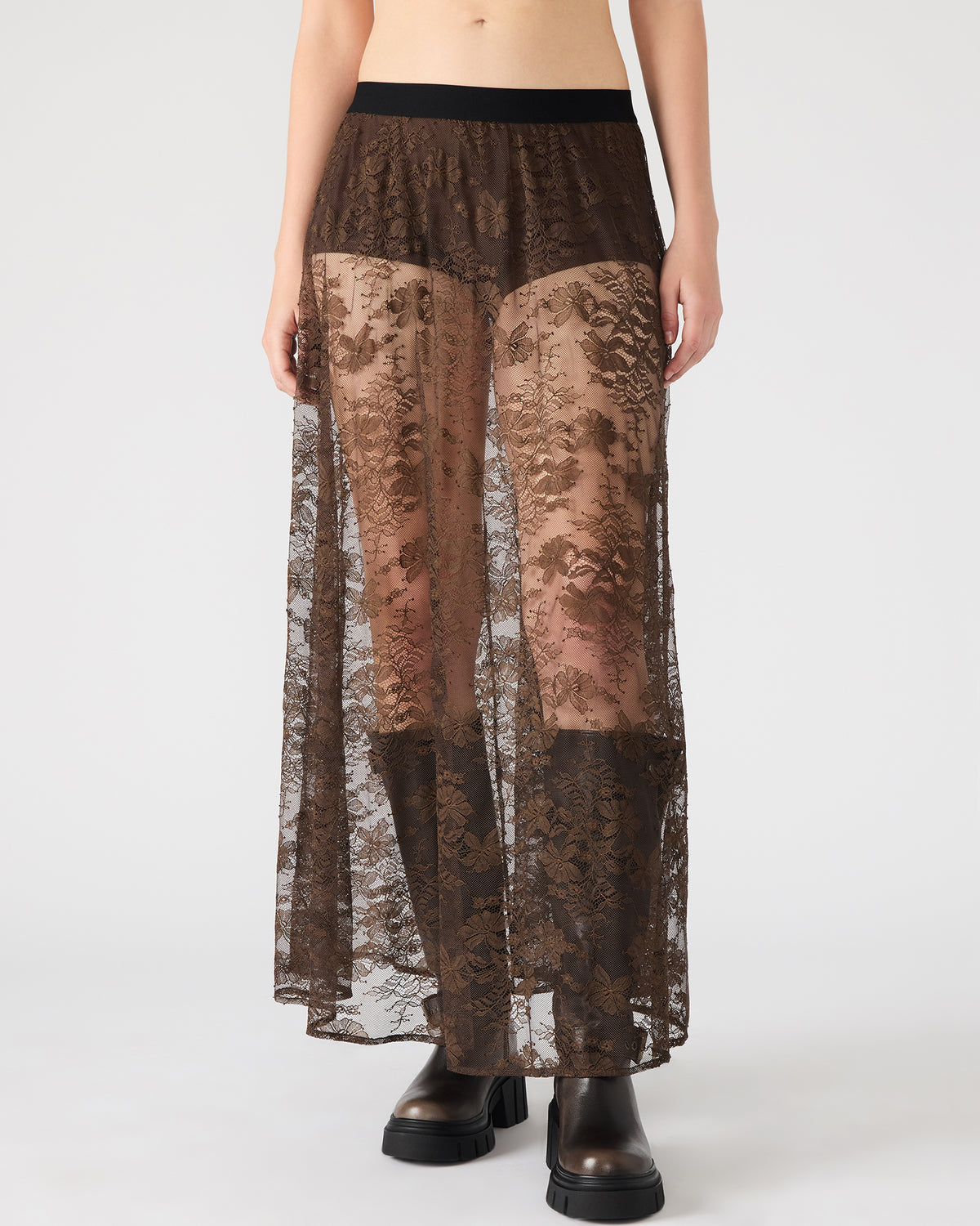 GISELA Dark Espresso Lace Mesh Maxi Women's Skirt | Steve Madden Premium