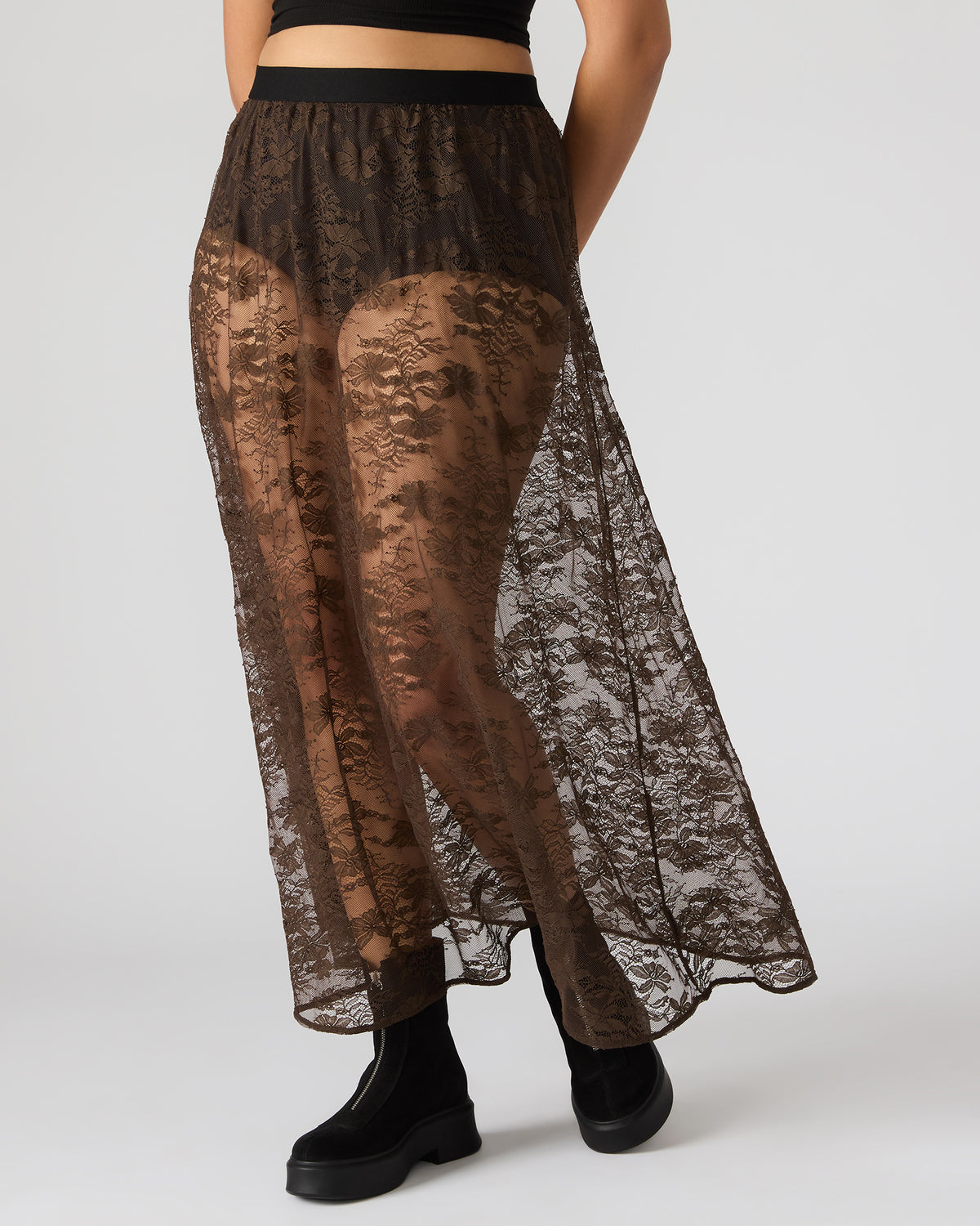 GISELA Dark Espresso Lace Mesh Maxi Women's Skirt | Steve Madden Premium
