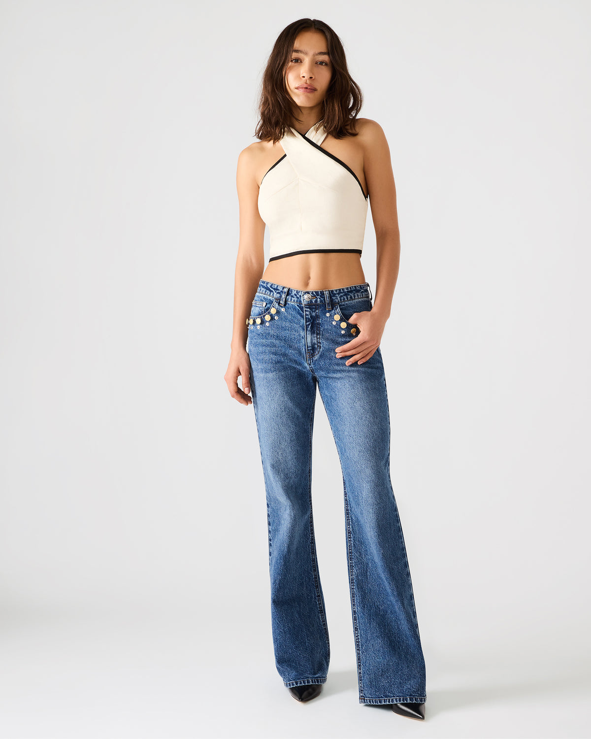 IRYS Dark Navy High-Rise Flare Gold Detail Buttons Women's Jean | Steve Madden Hot Sale