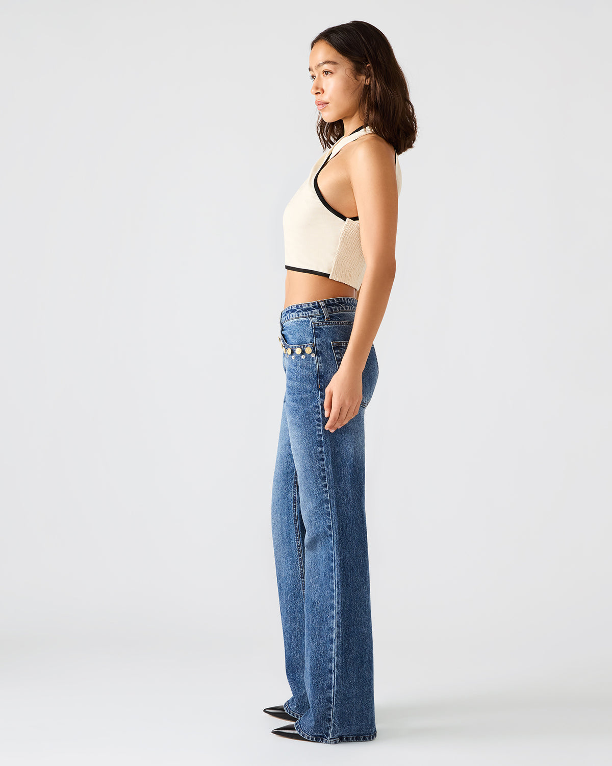 IRYS Dark Navy High-Rise Flare Gold Detail Buttons Women's Jean | Steve Madden Hot Sale
