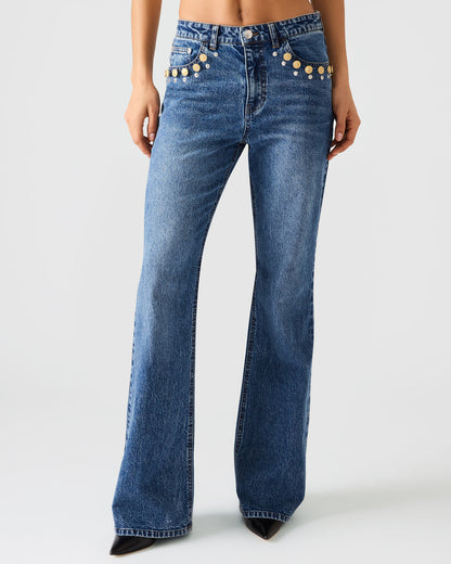 IRYS Dark Navy High-Rise Flare Gold Detail Buttons Women's Jean | Steve Madden Hot Sale