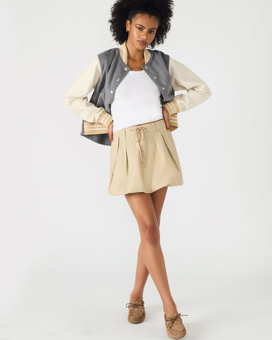 LIVIE Khaki Mini Tie-Front Bubble Women's Skirt | Steve Madden Value