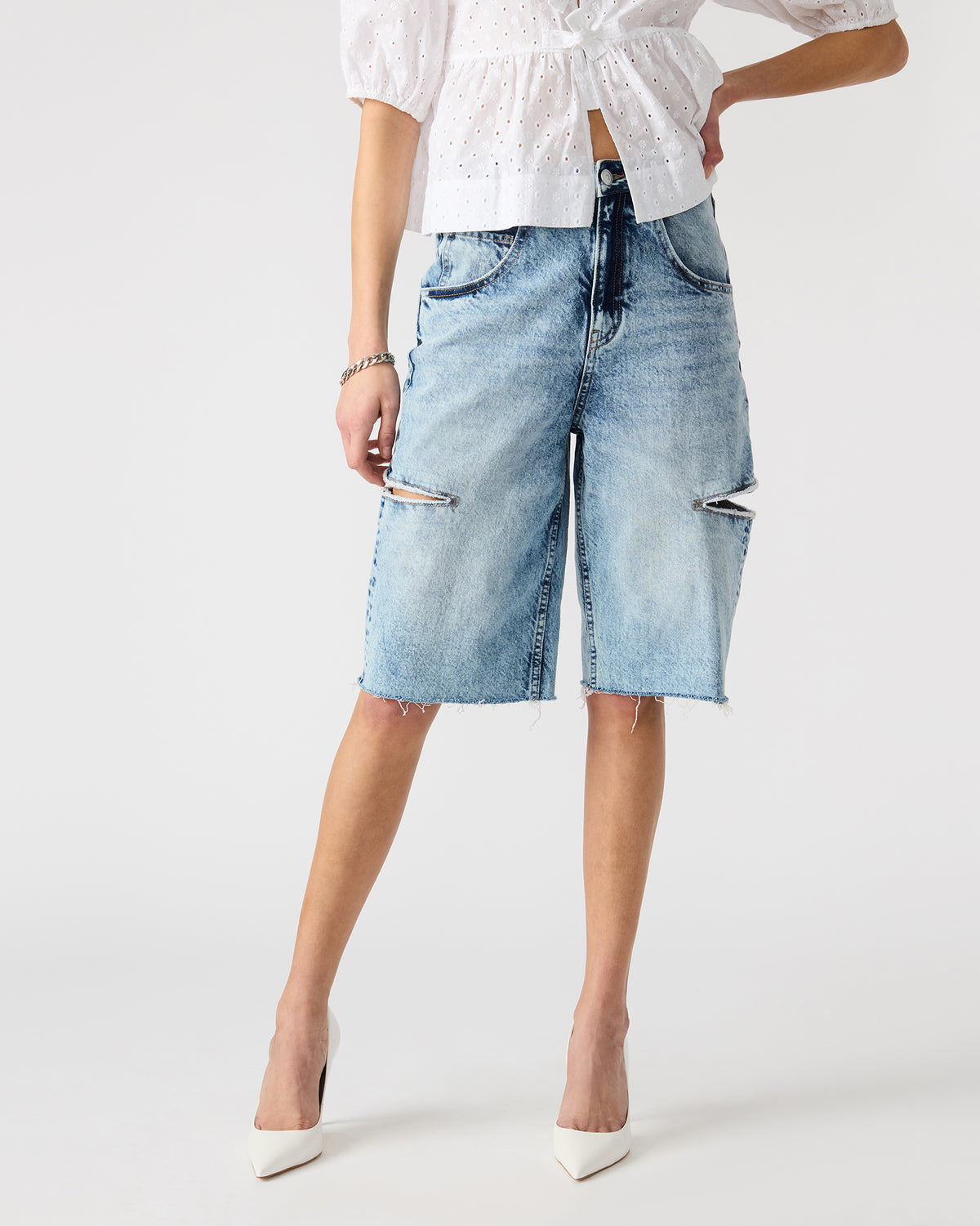 LANGE Denim Women's Side Slit Barrel Shorts | Steve Madden Top Pick