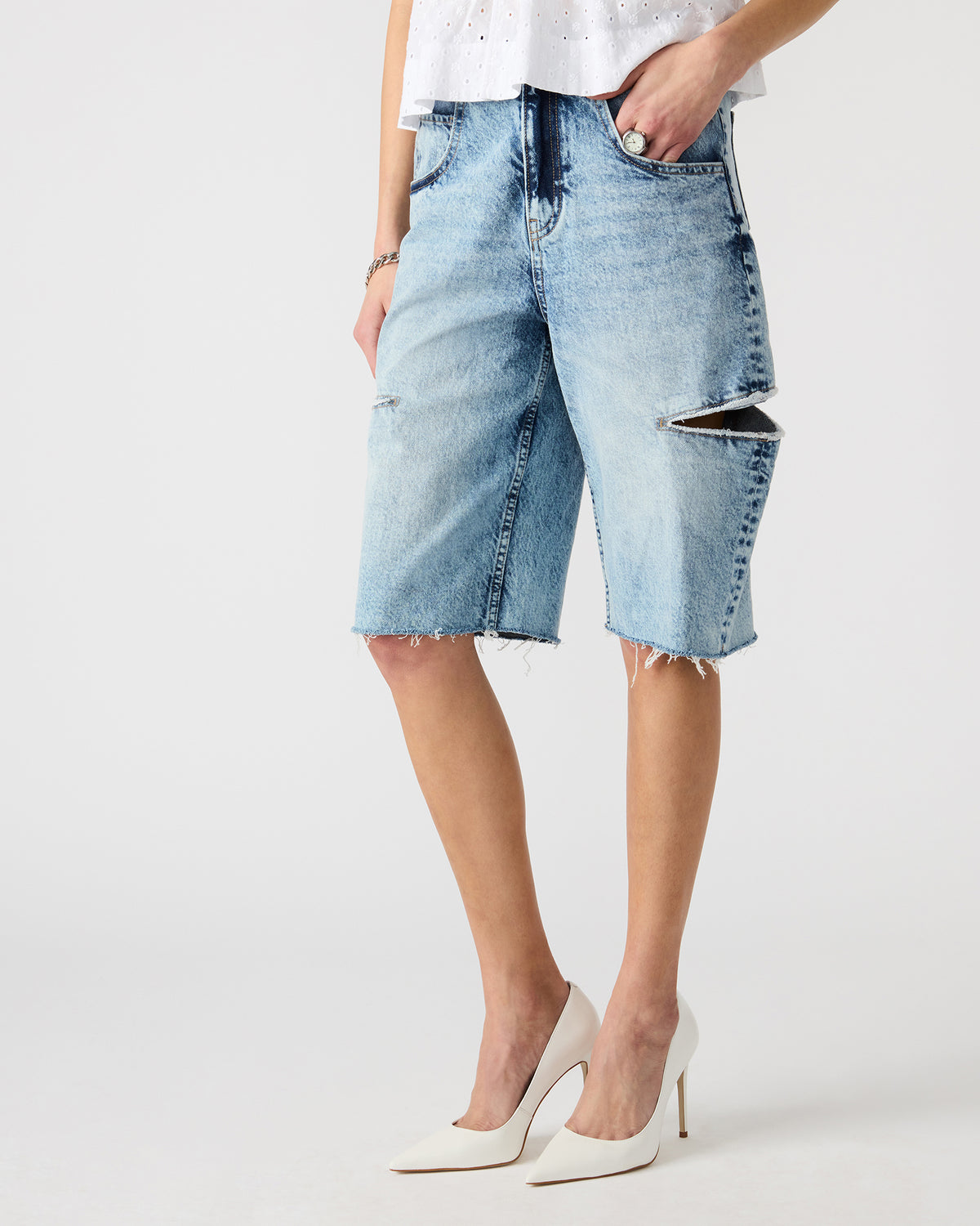LANGE Denim Women's Side Slit Barrel Shorts | Steve Madden Top Pick