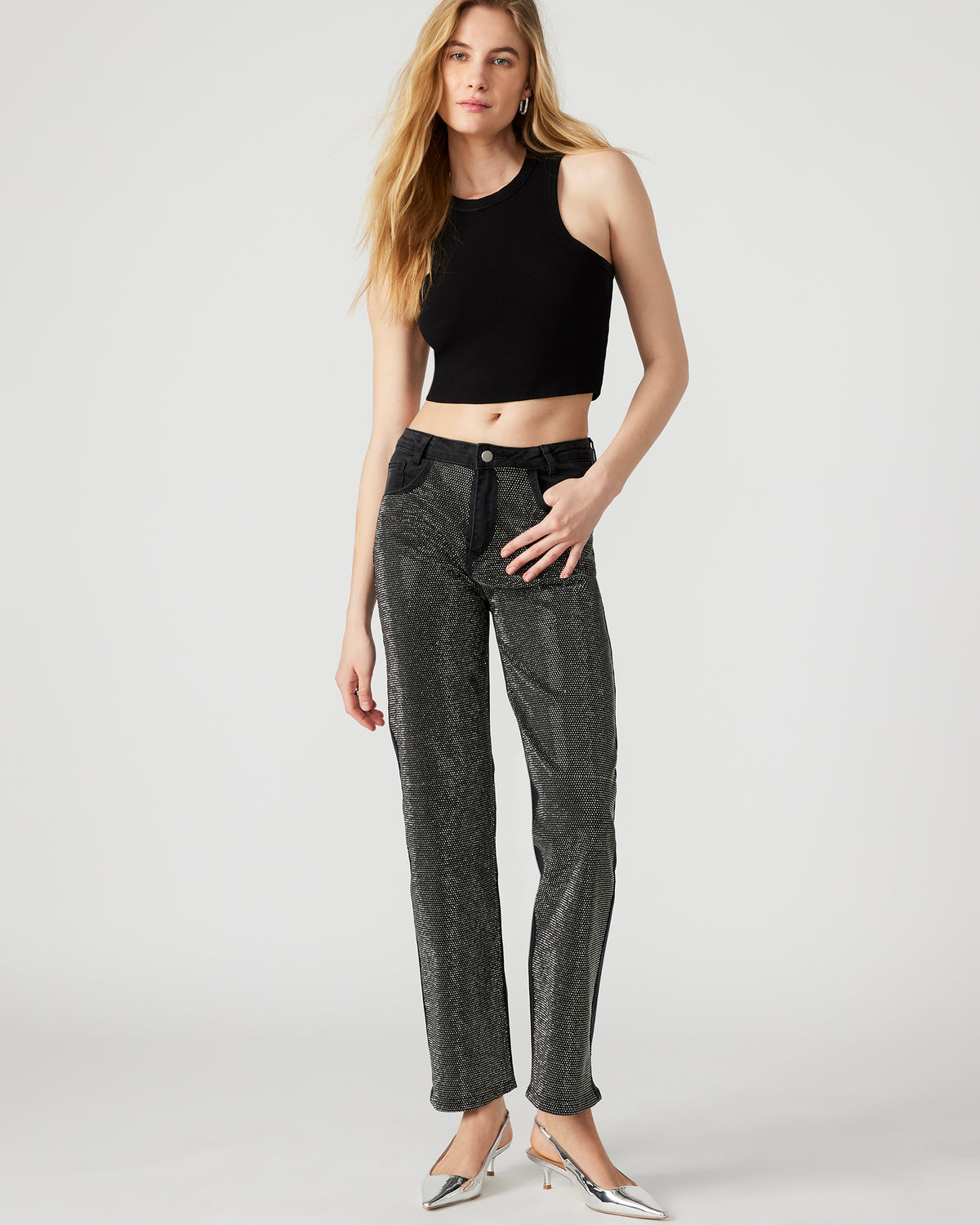 JESSE Black Women's Rhinestone Studded Jeans | Steve Madden Discount