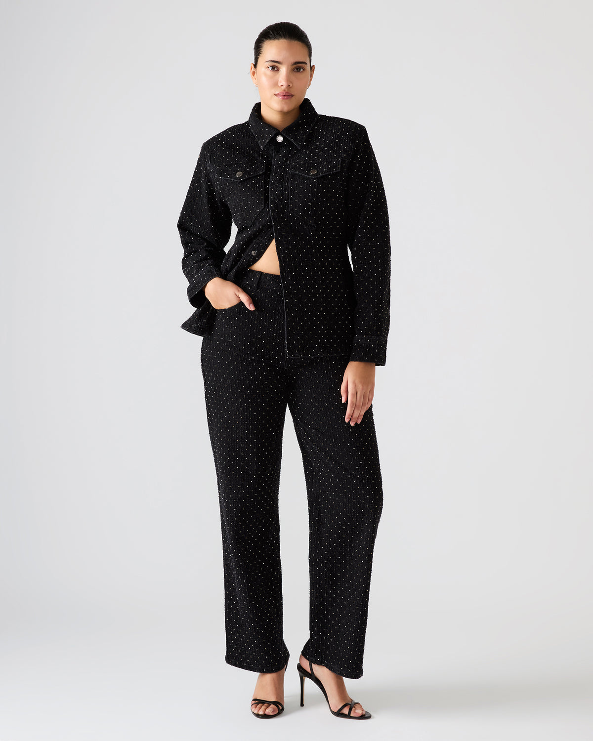 AVALINE Crystal Black Straight-Leg Rhinestone Embellished Denim Women's Jeans | Steve Madden Exclusive