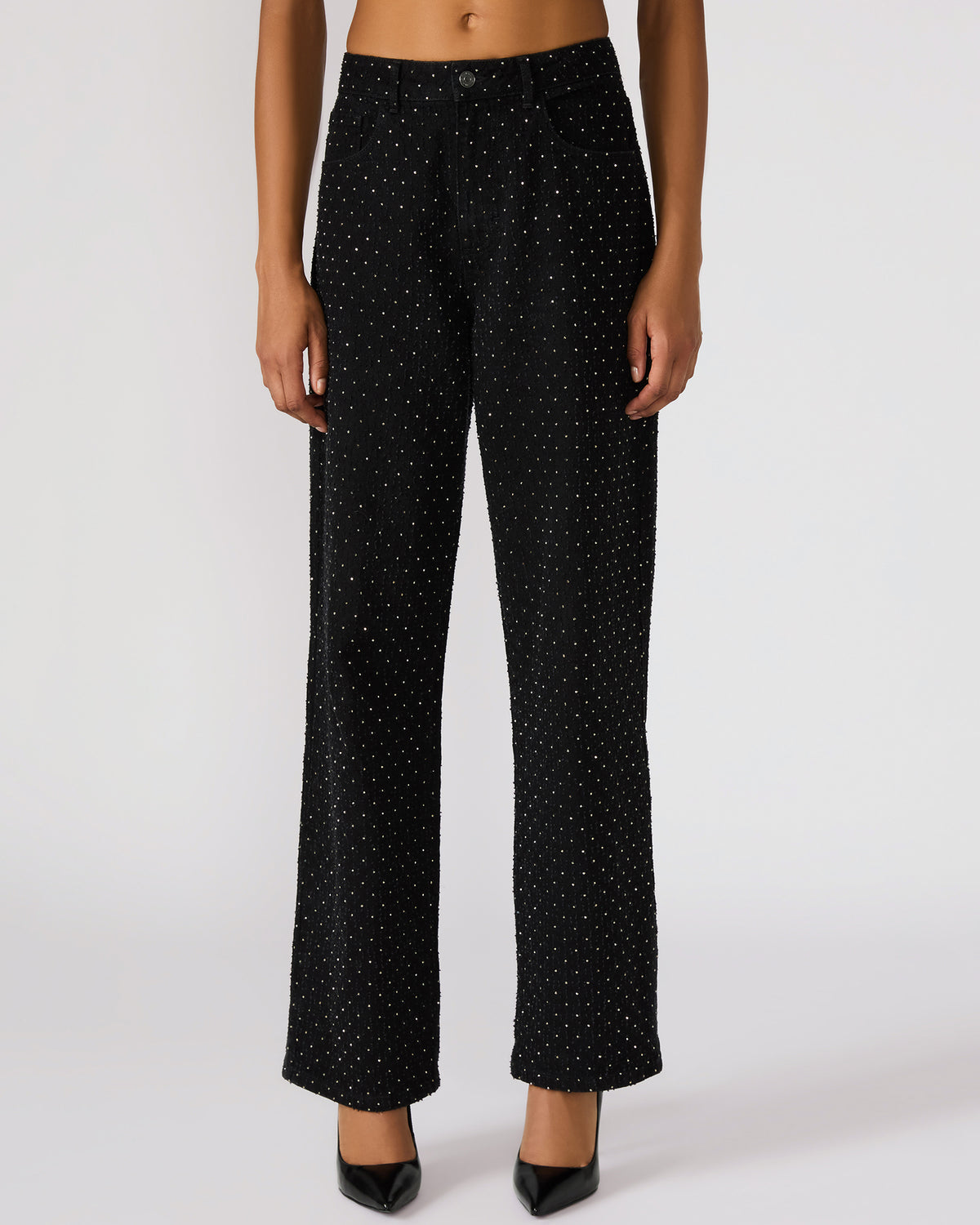 AVALINE Crystal Black Straight-Leg Rhinestone Embellished Denim Women's Jeans | Steve Madden Exclusive