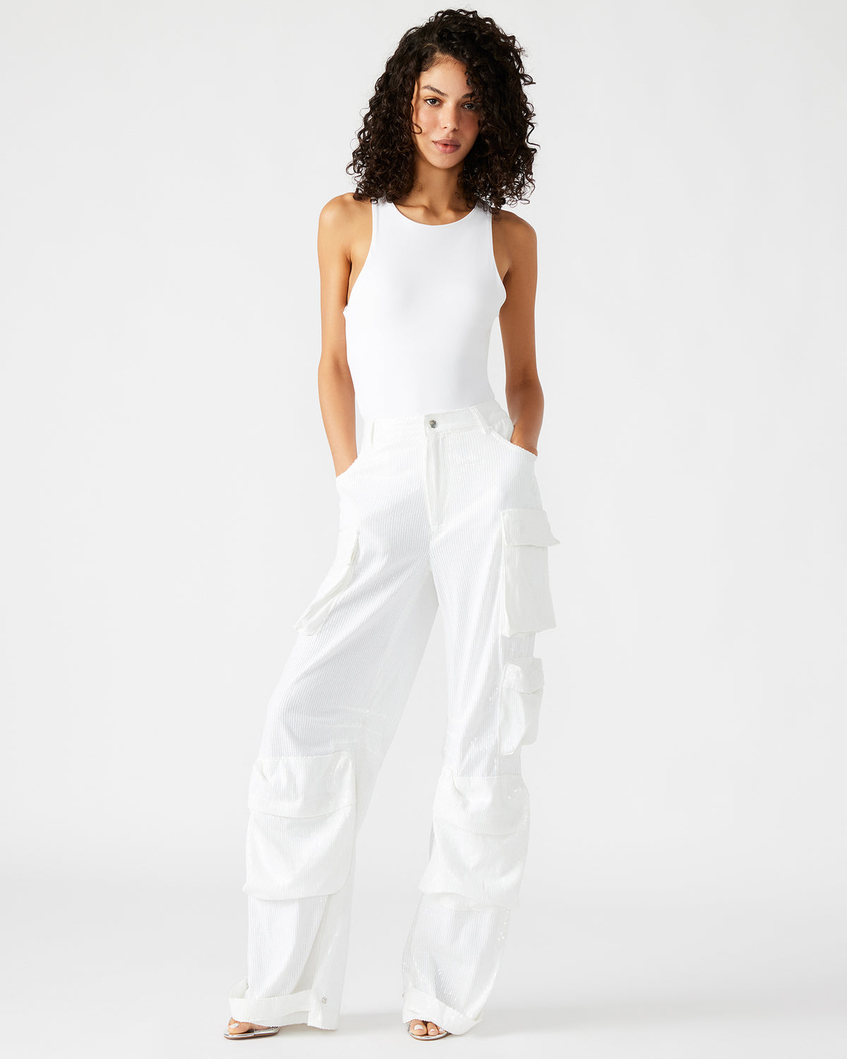 DUO White Sequin Women's Utility Cargo Pants | Steve Madden Recommended