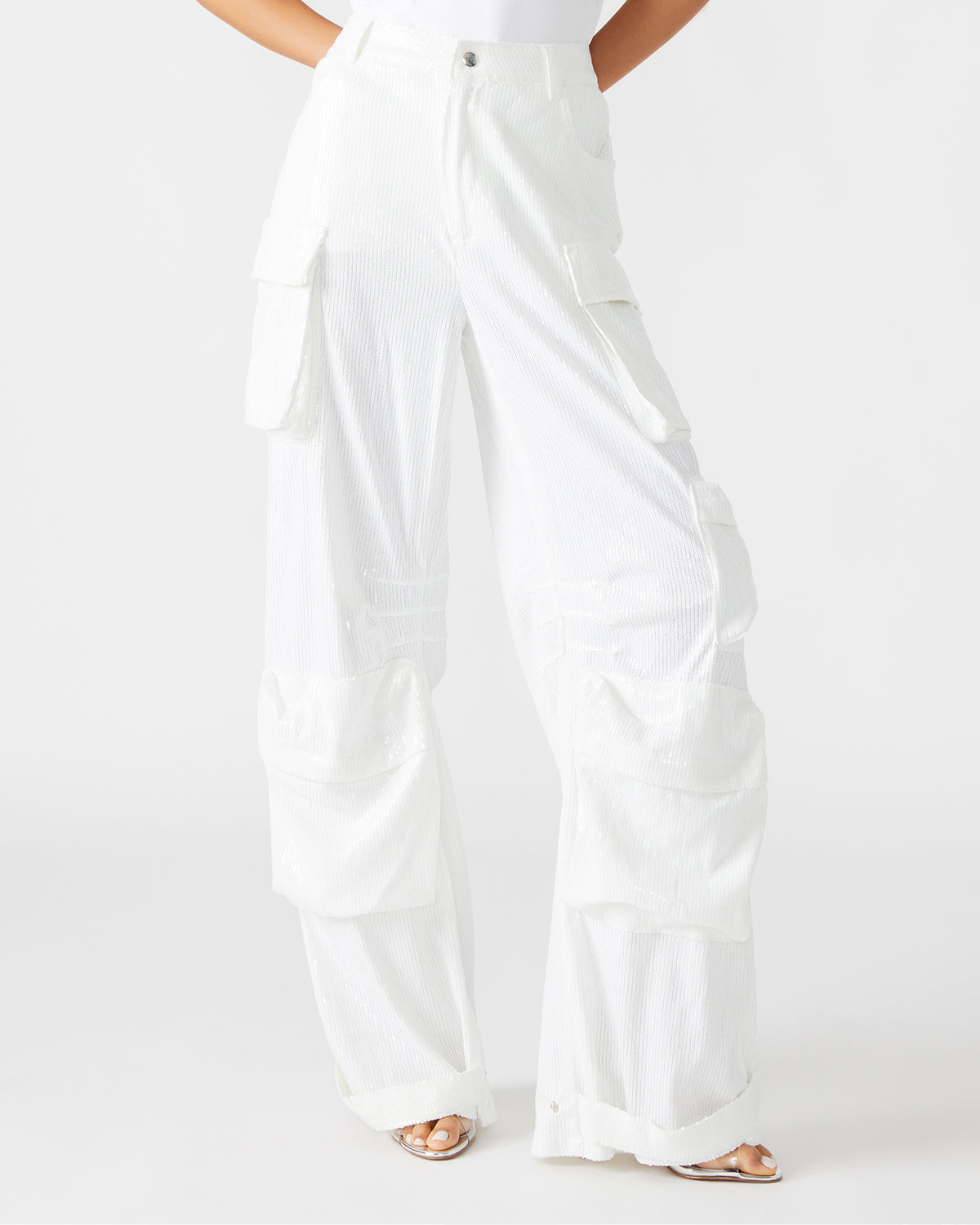 DUO White Sequin Women's Utility Cargo Pants | Steve Madden Recommended