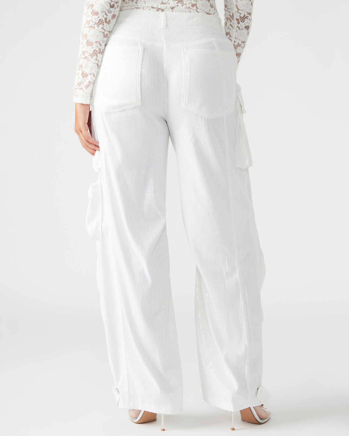DUO White Sequin Women's Utility Cargo Pants | Steve Madden Recommended