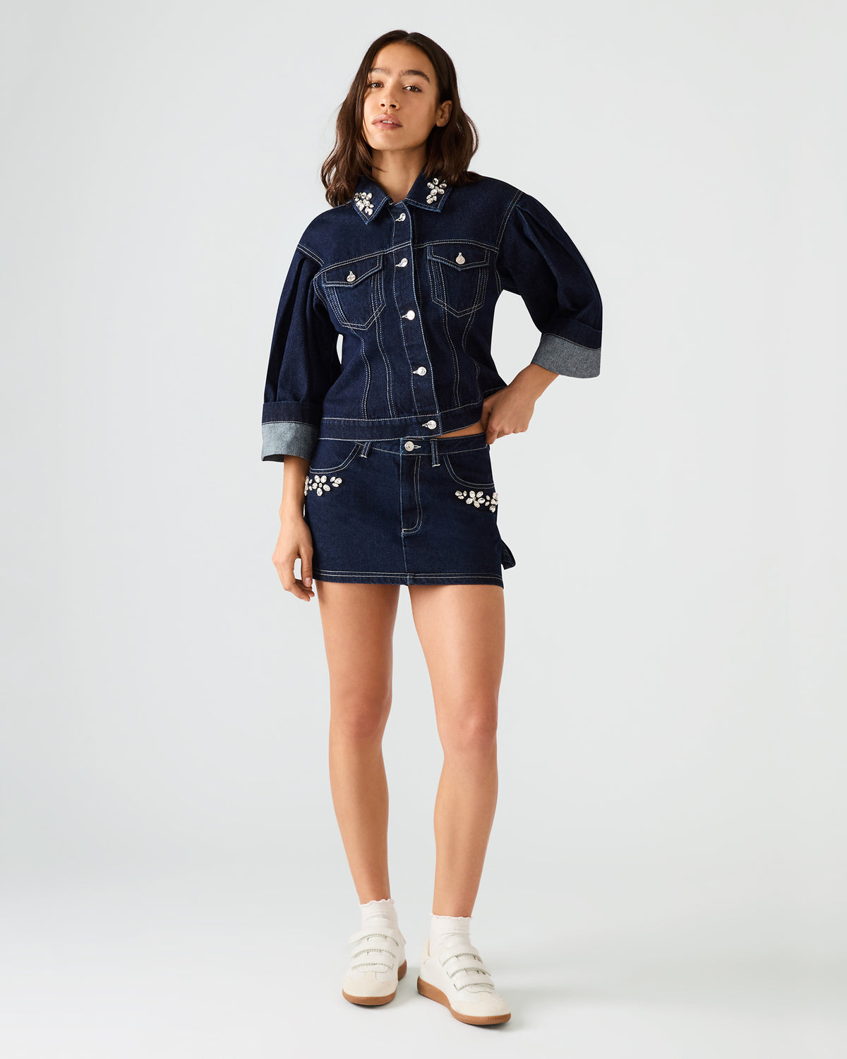 BRIELLIA Bijou Blue Denim Rhinestone Embellished Mini Women's Skirt | Steve Madden New