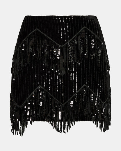 CINDI Sequin Black Fringe Embellished Women's Skirt | Steve Madden Essential