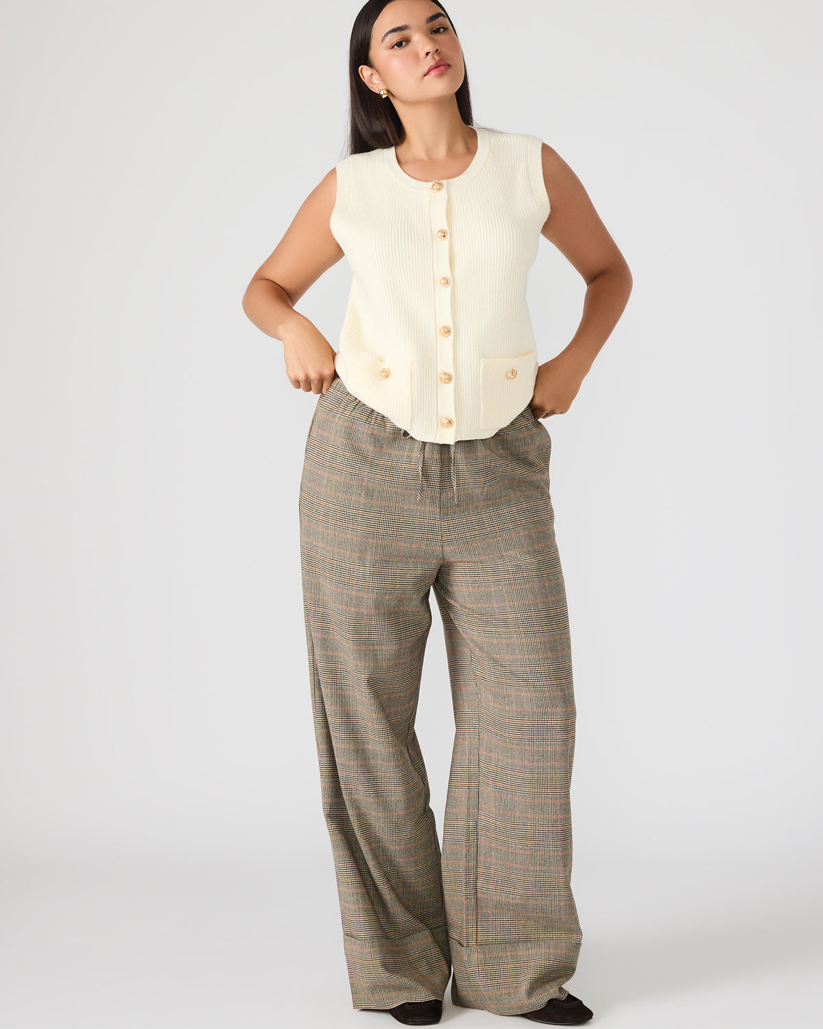 IDRA Brown Pull-On Tie-Front Cuffed Plaid Women's Pants | Steve Madden Premium