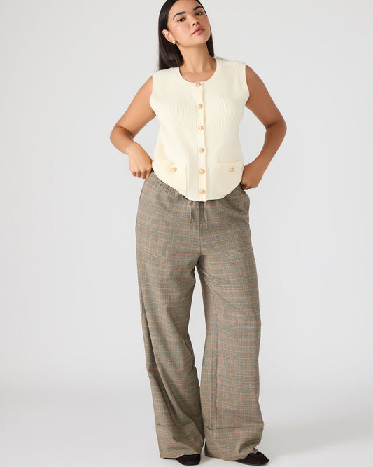 IDRA Brown Pull-On Tie-Front Cuffed Plaid Women's Pants | Steve Madden Premium