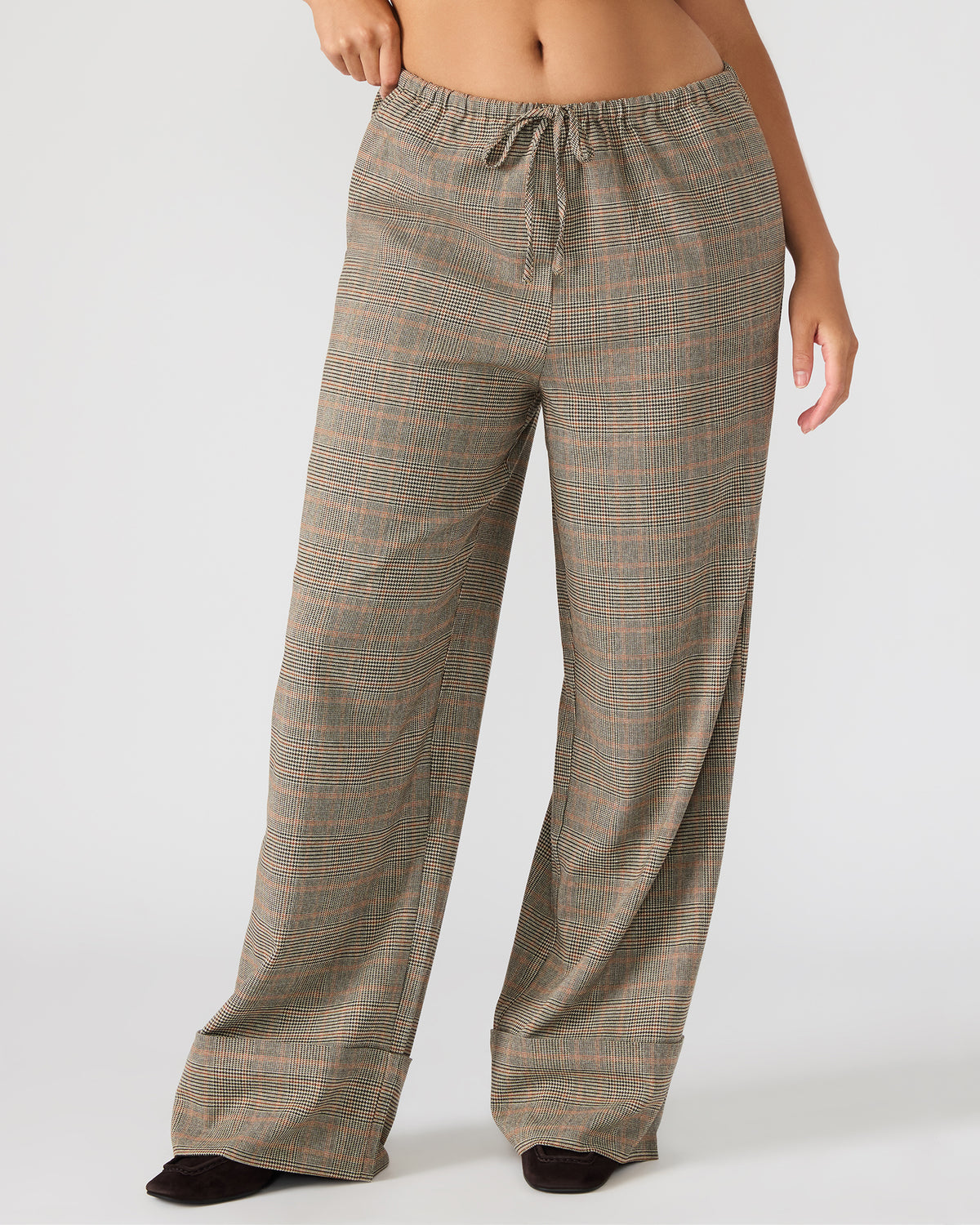 IDRA Brown Pull-On Tie-Front Cuffed Plaid Women's Pants | Steve Madden Premium