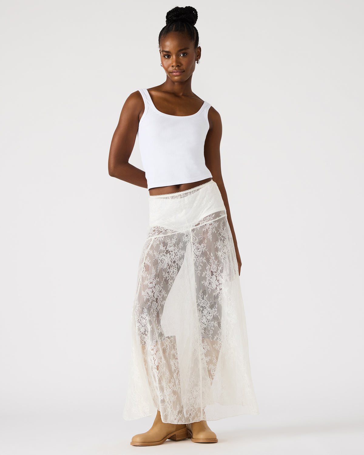 VEERA White Mesh Lace Flowy Maxi Skirt | Steve Madden Great Value