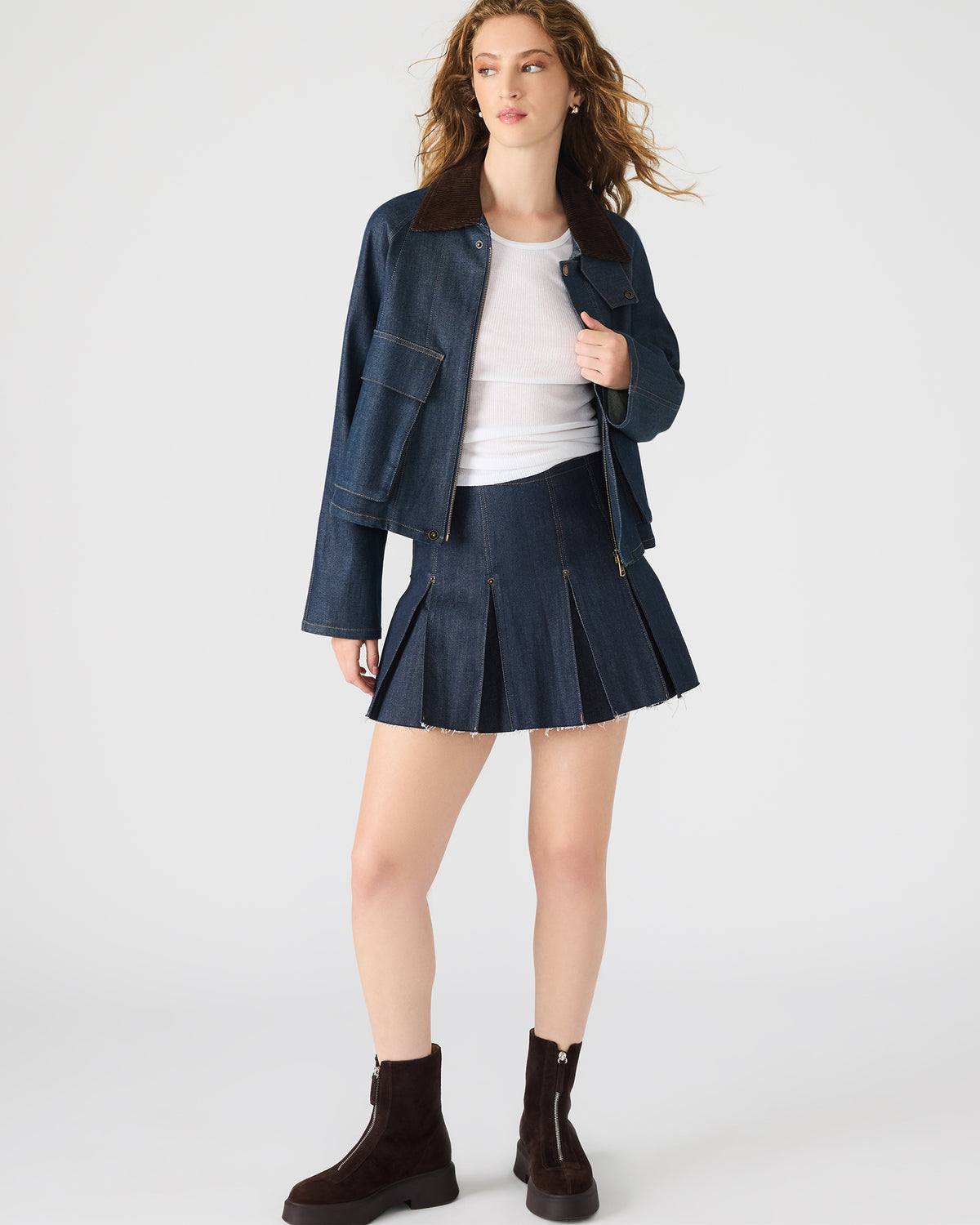 JOAN Deep Indigo Pleated Denim Matching Set Women's Skirt | Steve Madden Essential