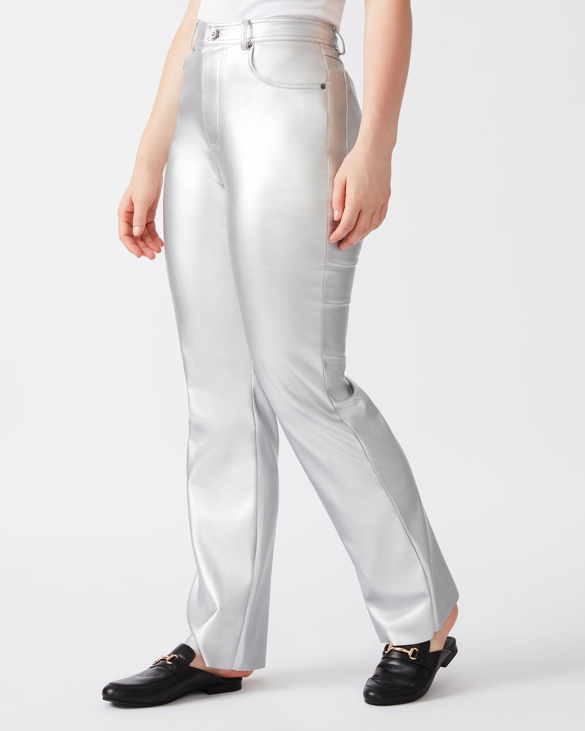LOREN Pant Silver | Women's Faux Leather Straight Leg Pant | Steve Madden Signature