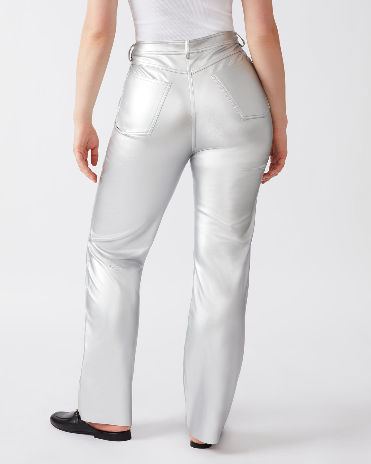 LOREN Pant Silver | Women's Faux Leather Straight Leg Pant | Steve Madden Signature