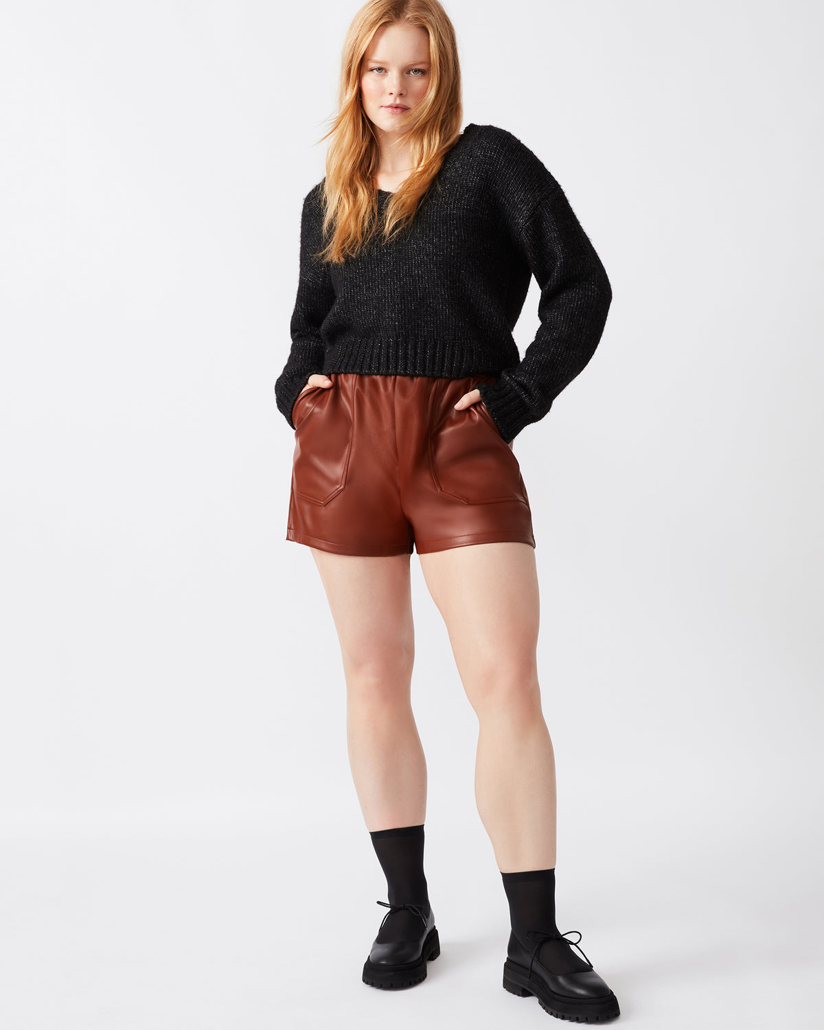 FAUX THE RECORD Short Cognac | Women's Faux Leather Short | Steve Madden Essential