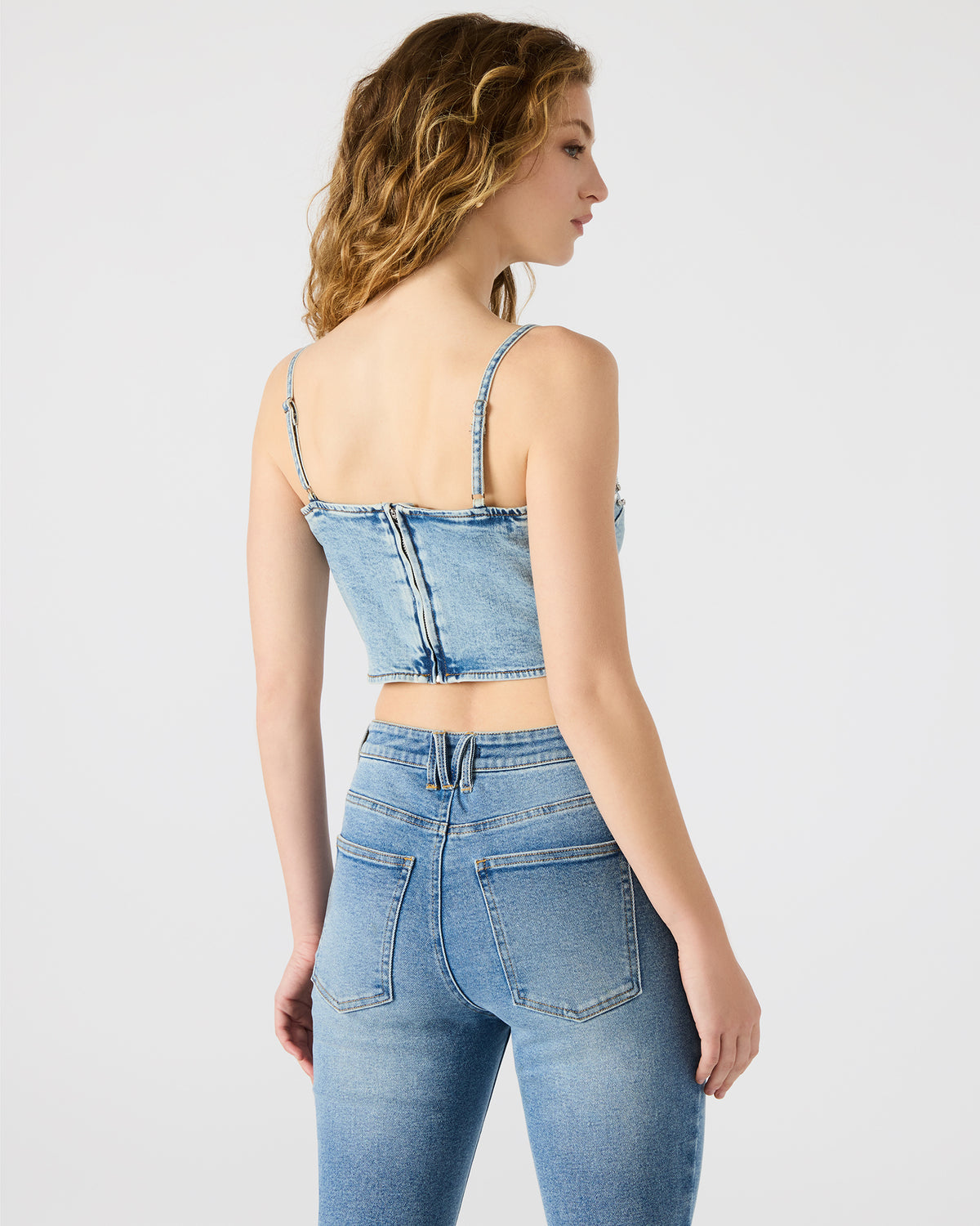 ERAS Denim Rhinestone Embellished Corset Cropped Matching Set Women's Top | Steve Madden Featured
