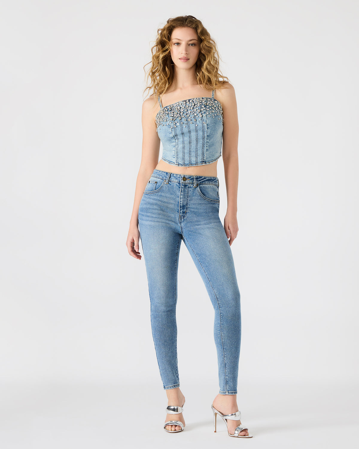 ERAS Denim Rhinestone Embellished Corset Cropped Matching Set Women's Top | Steve Madden Featured