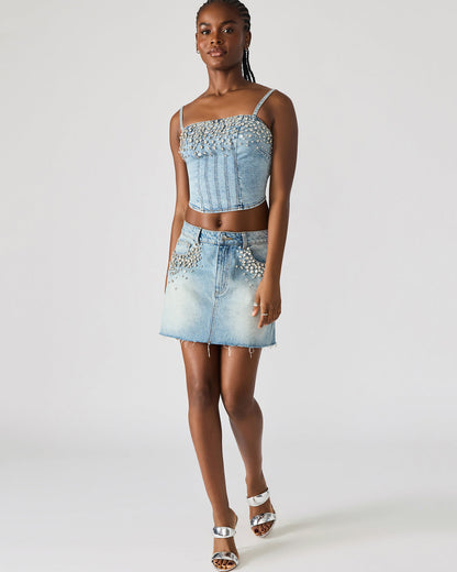 ERAS Denim Rhinestone Embellished Corset Cropped Matching Set Women's Top | Steve Madden Featured