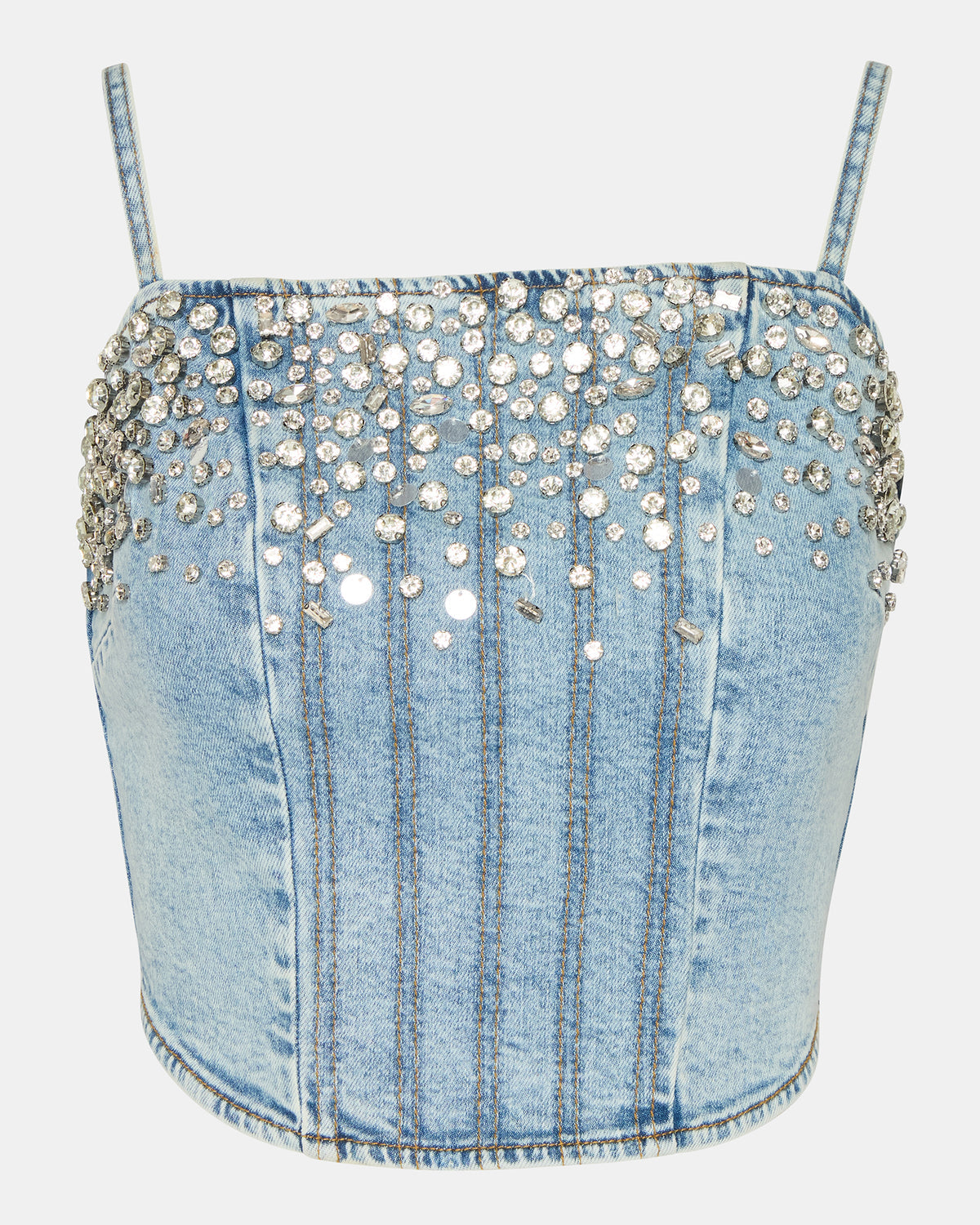 ERAS Denim Rhinestone Embellished Corset Cropped Matching Set Women's Top | Steve Madden Featured