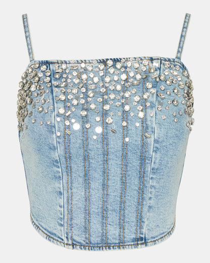 ERAS Denim Rhinestone Embellished Corset Cropped Matching Set Women's Top | Steve Madden Featured