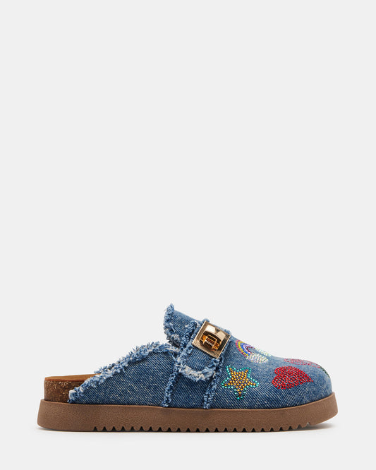Kids' MONEYY Denim Multi Girls' Slip-On Clogs | Steve Madden Customer Favorite