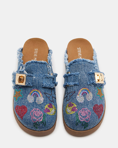 Kids' MONEYY Denim Multi Girls' Slip-On Clogs | Steve Madden Customer Favorite