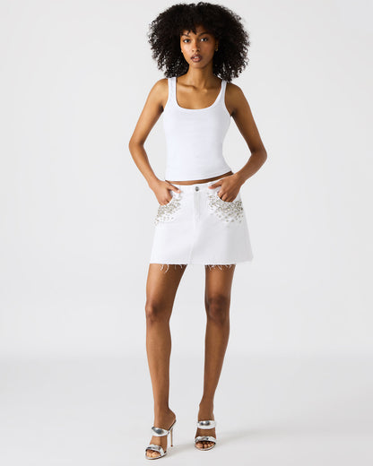 ERAS Denim White Rhinestone Embellished Mini Women's Skirt | Steve Madden Best Seller